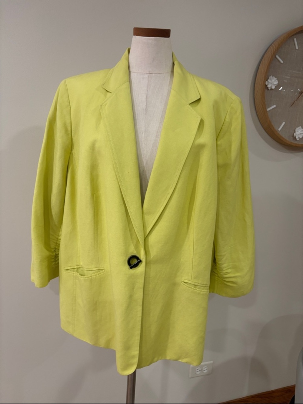 Kasper women’s plus Linen Yellow Single-Button Blazer 3/4 sleeve pockets 22W
